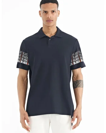 Tricou polo barbati  imprimeu, albastru marin, 100% bumbac