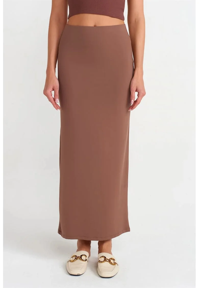 Fusta creion maxi,  talie inalta, elastic, maro mocha, 93% nailon/7% elastan