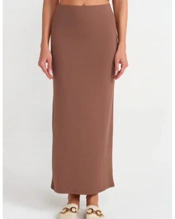 Fusta creion maxi,  talie inalta, elastic, maro mocha, 93% nailon/7% elastan