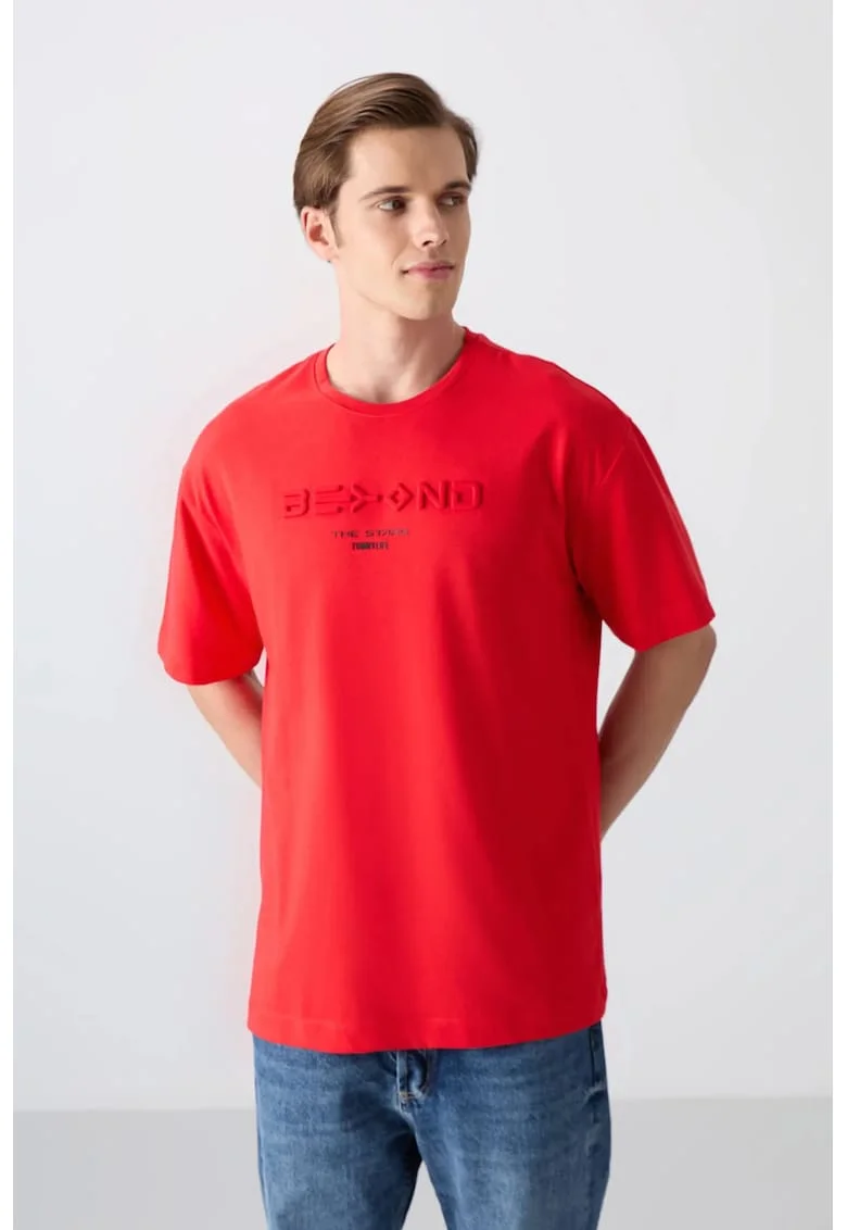 Tricou  supradimensionat rosu din bumbac-poliester cu logo, pentru barbati