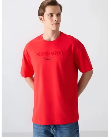 Tricou  supradimensionat rosu din bumbac-poliester cu logo, pentru barbati