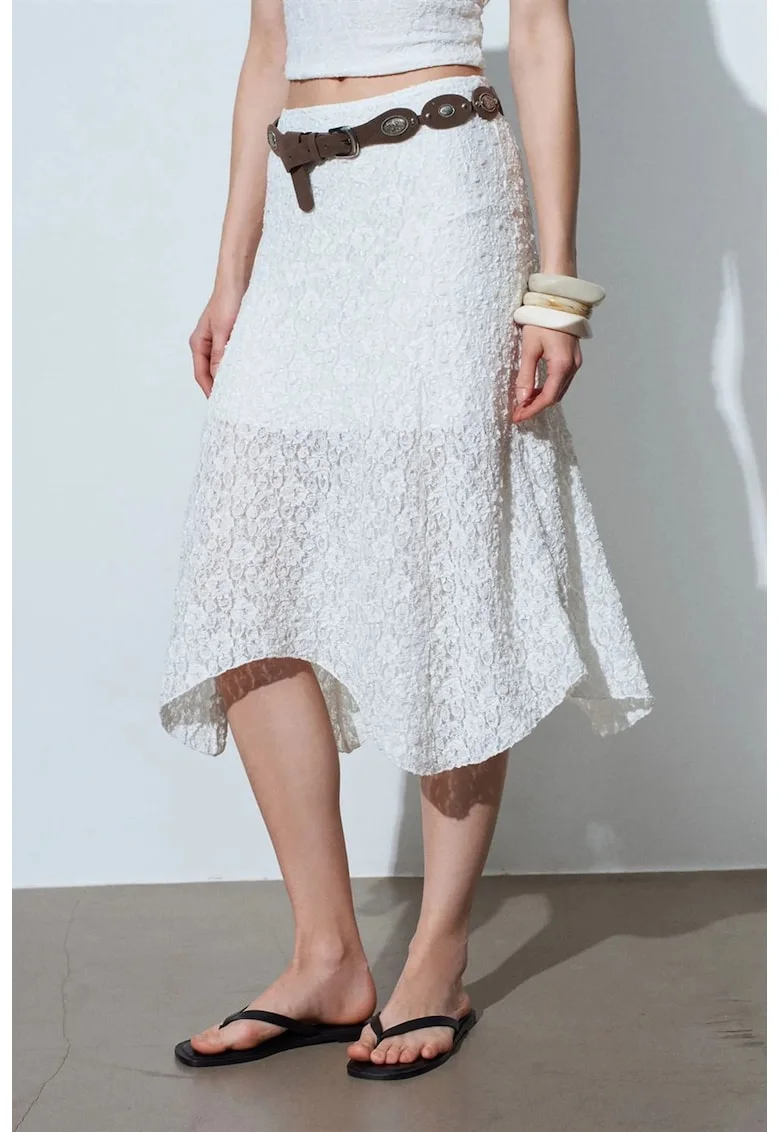 Fusta midi  eleganta, alb, dantela, fara inchidere