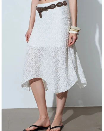 Fusta midi  eleganta, alb, dantela, fara inchidere