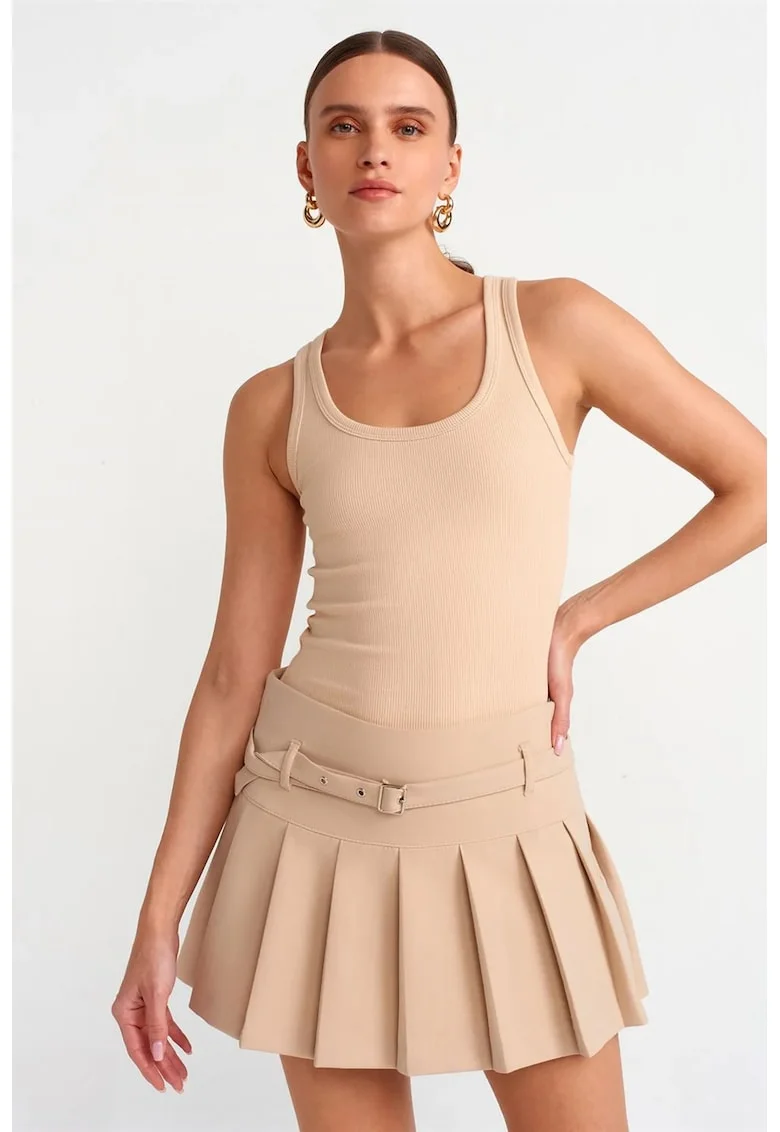 Fusta mini plisata  talie inalta, bej natural, casual, cu curea, 63% poliester