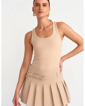 Fusta mini plisata  talie inalta, bej natural, casual, cu curea, 63% poliester