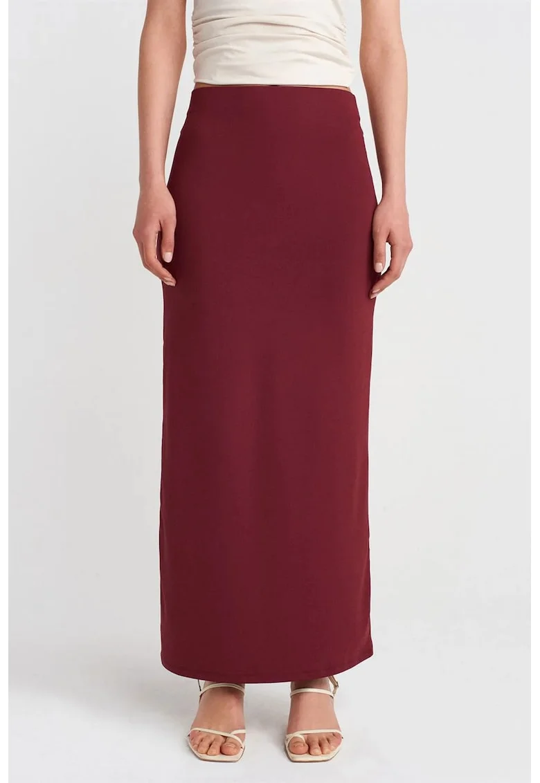 Fusta creion maxi,  rosu burgundy, talie inalta, elastic, material nylon