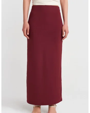 Fusta creion maxi,  rosu burgundy, talie inalta, elastic, material nylon