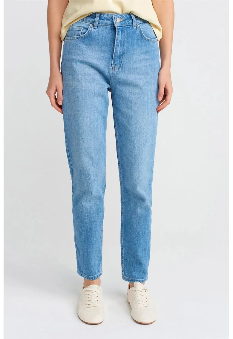Blugi dama,  Mom, talie inalta, denim albastru deschis-mediu, 99% bumbac