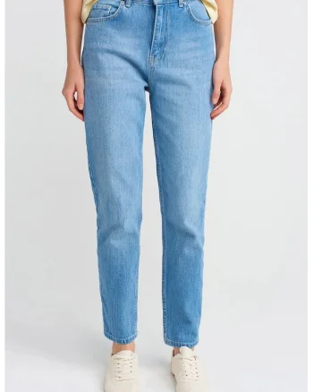 Blugi dama,  Mom, talie inalta, denim albastru deschis-mediu, 99% bumbac