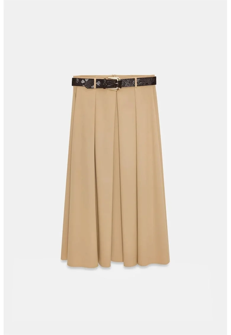 Fusta dreapta midi,  casual, bej natural, cu curea
