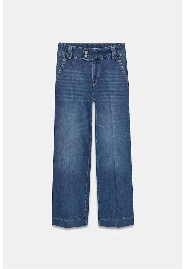 Blugi dama,  talie inalta, largi, denim albastru mediu, 100% bumbac