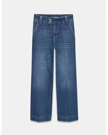 Blugi dama,  talie inalta, largi, denim albastru mediu, 100% bumbac