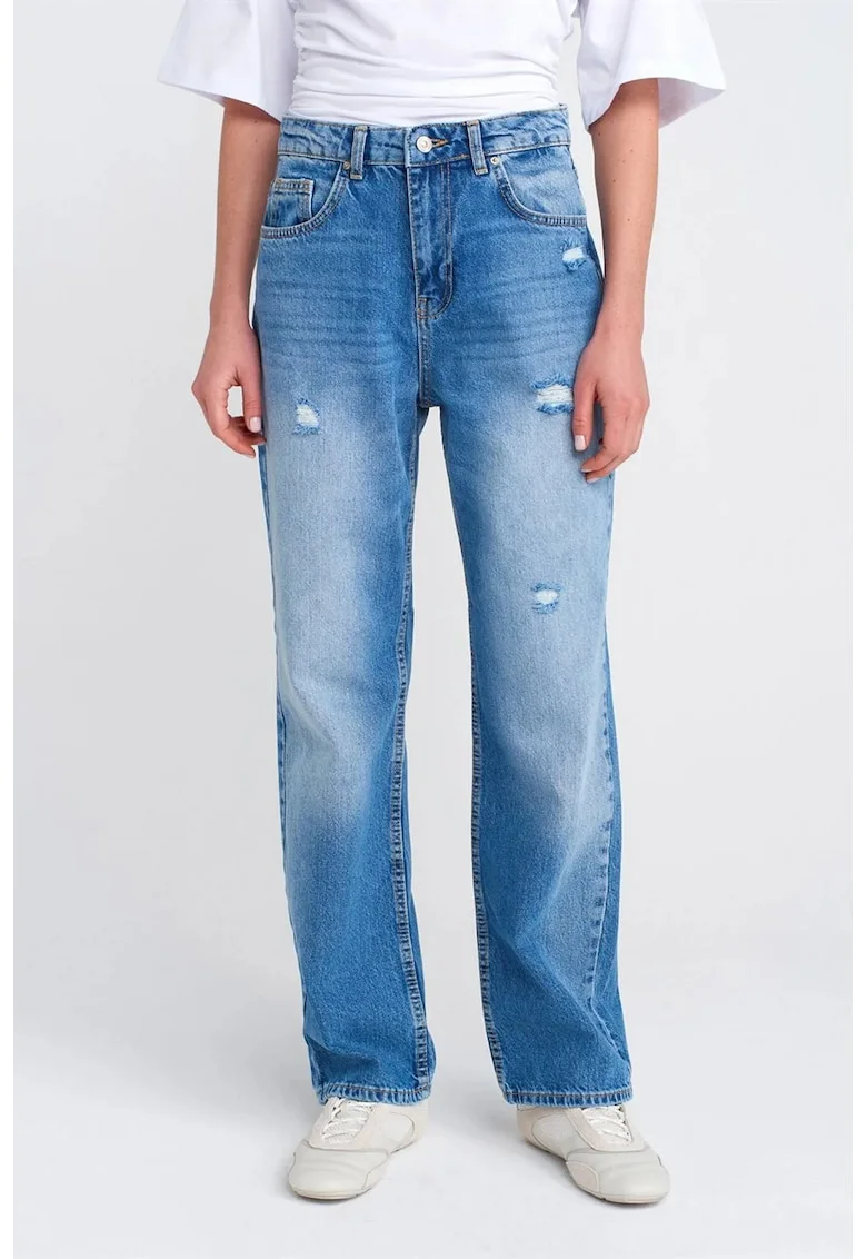 Blugi dama,  Mom, talie inalta, croiala larga, denim albastru deschis-mediu, 100% bumbac