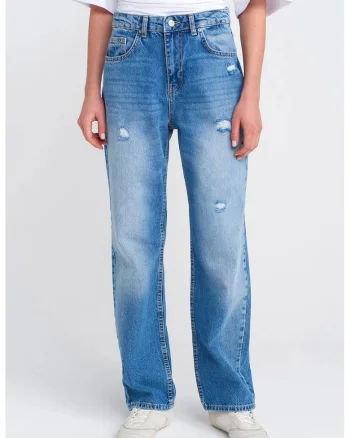 Blugi dama,  Mom, talie inalta, croiala larga, denim albastru deschis-mediu, 100% bumbac