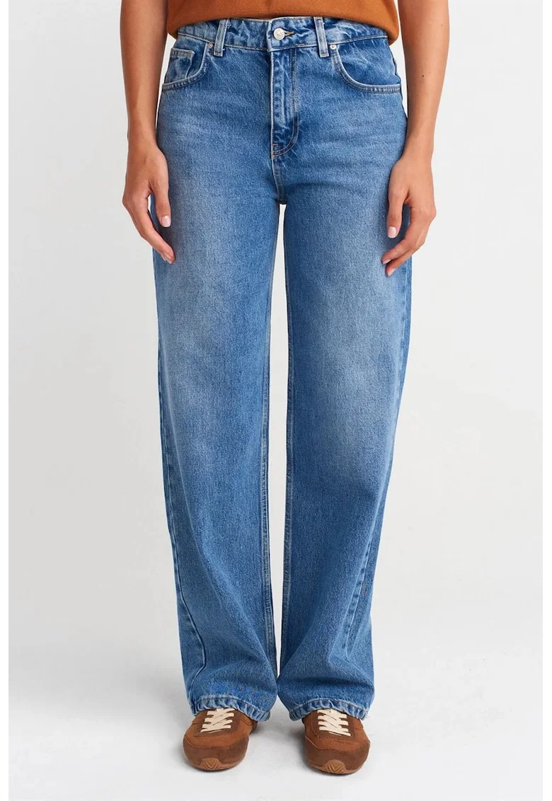 Blugi dama,  talie inalta, croiala dreapta, denim, 100% bumbac, albastru mediu