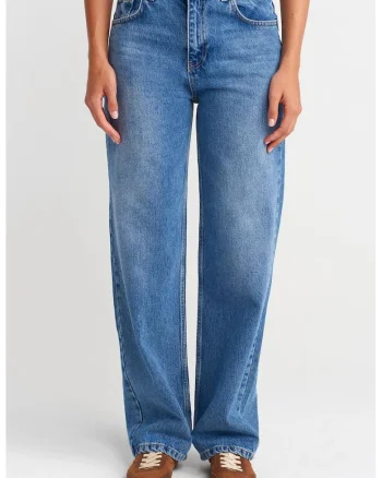Blugi dama,  talie inalta, croiala dreapta, denim, 100% bumbac, albastru mediu