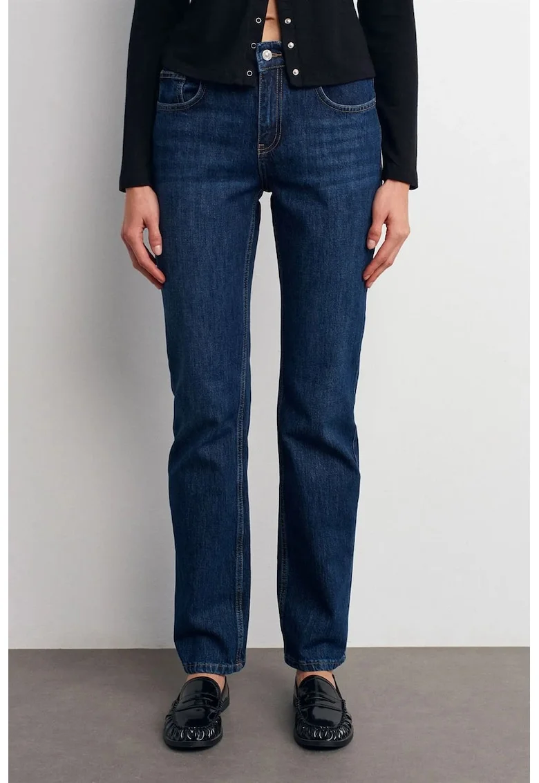 Blugi dama,  talie inalta, croiala dreapta, albastru mediu, denim