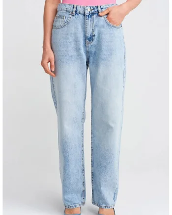 Blugi dama,  Mom, talie inalta, denim, albastru deschis-mediu, 100% bumbac
