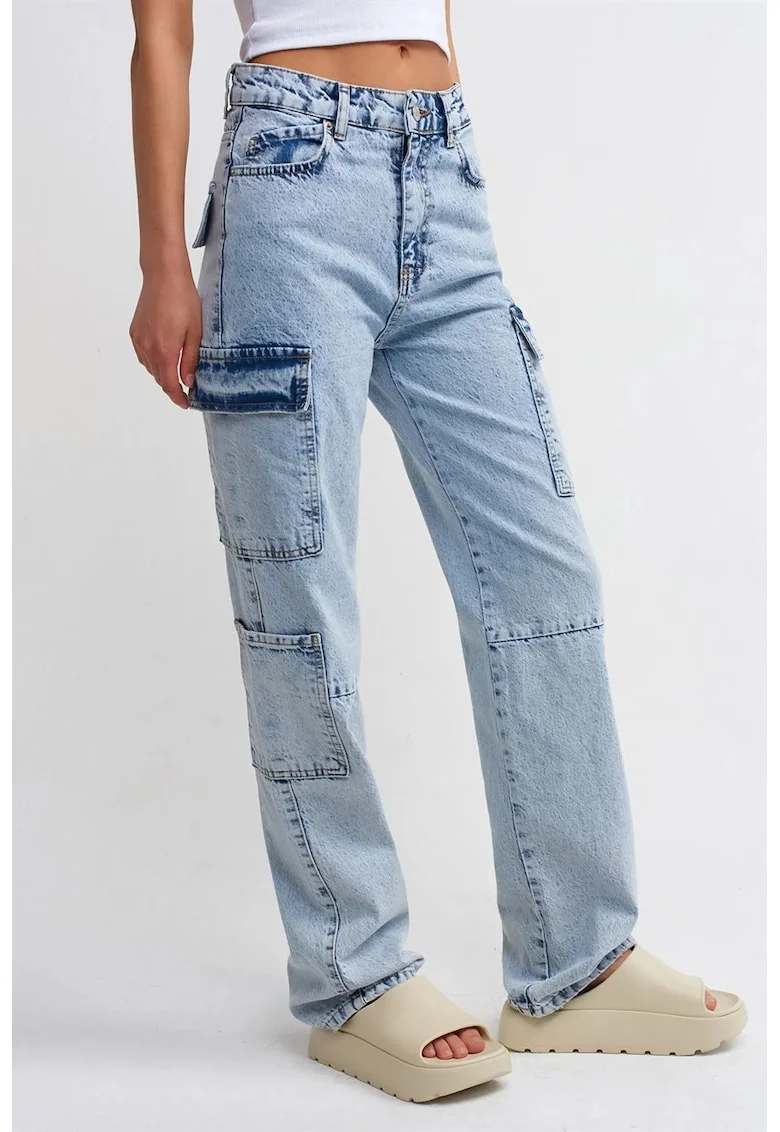 Blugi dama,  cargo, talie inalta, largi, denim albastru deschis-mediu, 100% bumbac