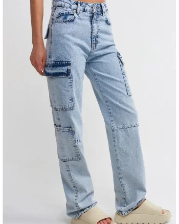 Blugi dama,  cargo, talie inalta, largi, denim albastru deschis-mediu, 100% bumbac