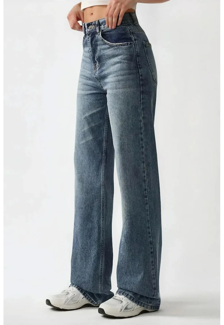 Blugi dama,  talie inalta, croiala dreapta, denim albastru mediu, 100% bumbac