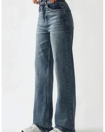Blugi dama,  talie inalta, croiala dreapta, denim albastru mediu, 100% bumbac