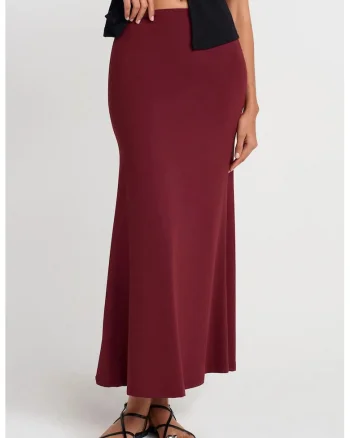 Fusta Maxi  Casual, talie inalta, rosu burgundy, 93% nailon/7% elastan