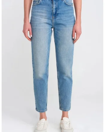 Blugi dama,  Mom, talie inalta, denim, albastru deschis-mediu, 99% bumbac
