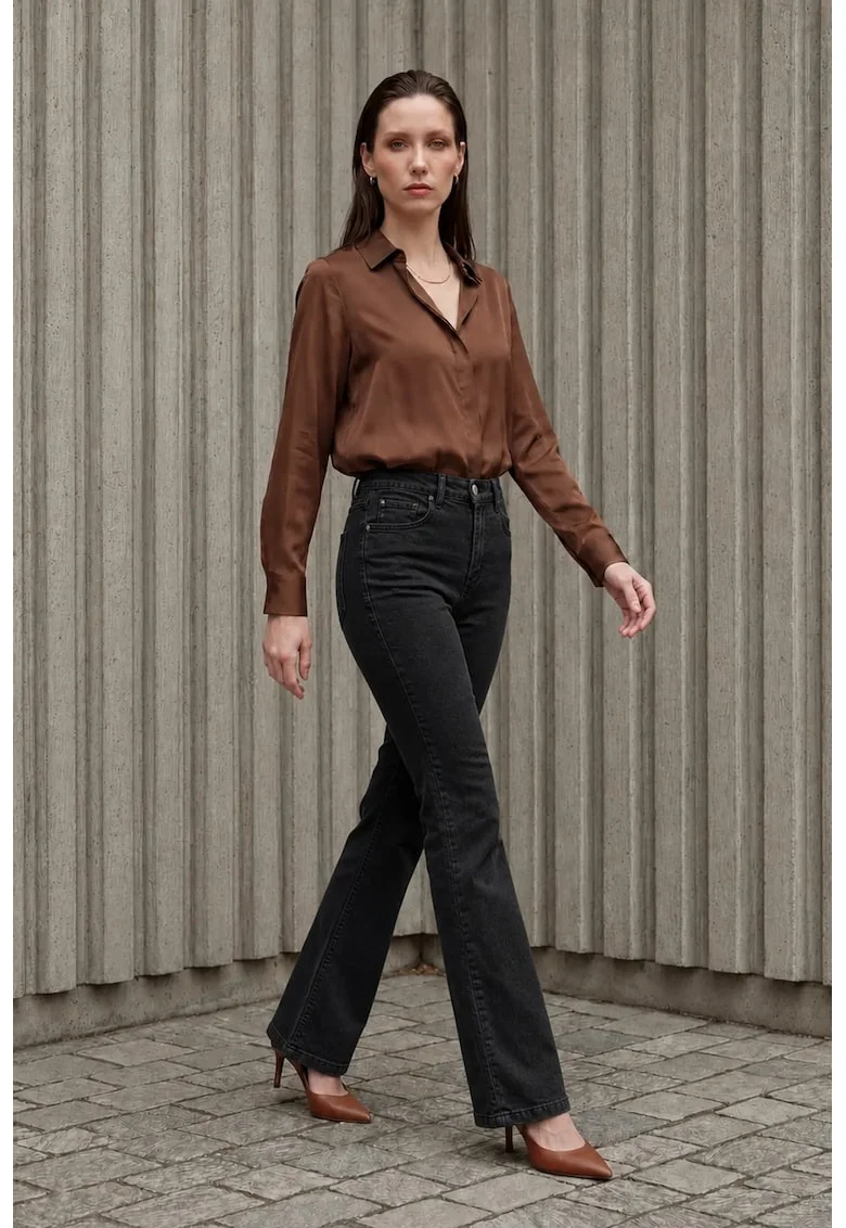 Blugi dama,  talie inalta, croiala evazata, negru, denim