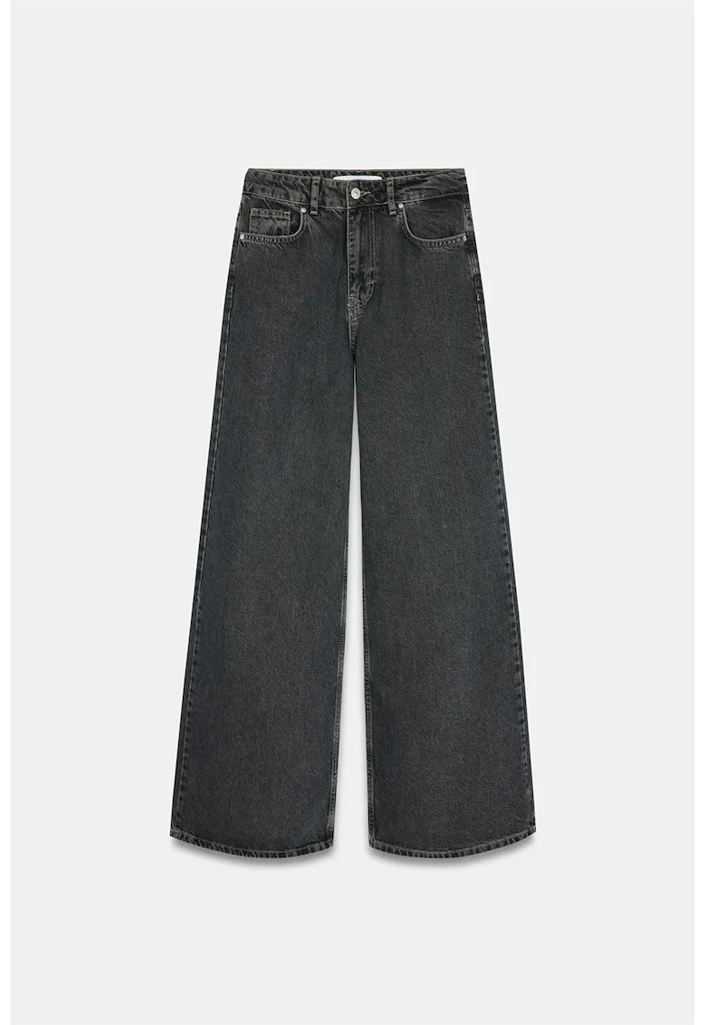 Blugi dama,  talie inalta, croiala larga, gri antracit, denim
