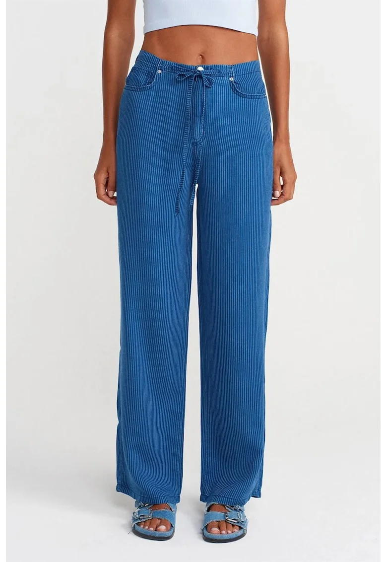 Blugi dama,  cu talie medie, croiala larga, dungi, Denim Albastru Mediu, Tencel