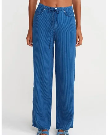 Blugi dama,  cu talie medie, croiala larga, dungi, Denim Albastru Mediu, Tencel