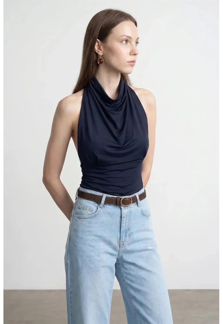Bluza dama,  mulata fara maneci, albastru marin, 95% tencel, 5% elastan