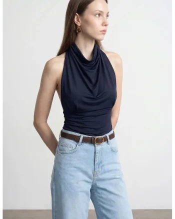 Bluza dama,  mulata fara maneci, albastru marin, 95% tencel, 5% elastan