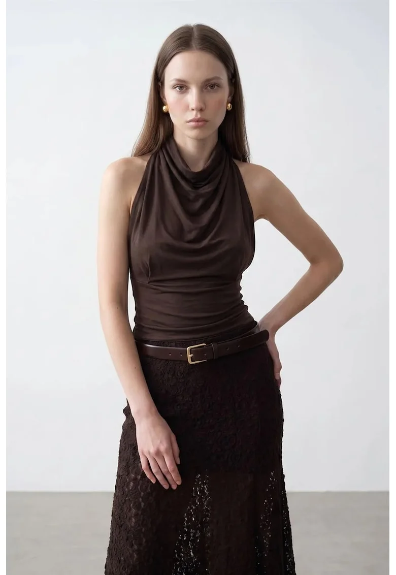 Bluza dama,  mulata fara maneci, drapaj, maro, lyocell