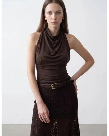 Bluza dama,  mulata fara maneci, drapaj, maro, lyocell