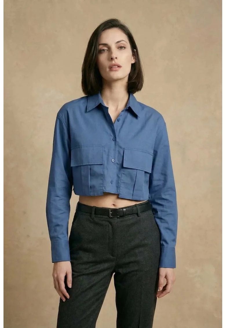 Camasa scurta cu nasturi si buzunar  albastru cobalt, 100% bumbac, pentru femei