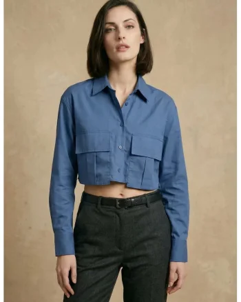 Camasa scurta cu nasturi si buzunar  albastru cobalt, 100% bumbac, pentru femei