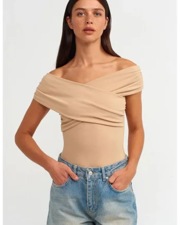 Salopeta  pentru femei, slim fit, cu decolteu tip barca, bej natural, bumbac cu elastan
