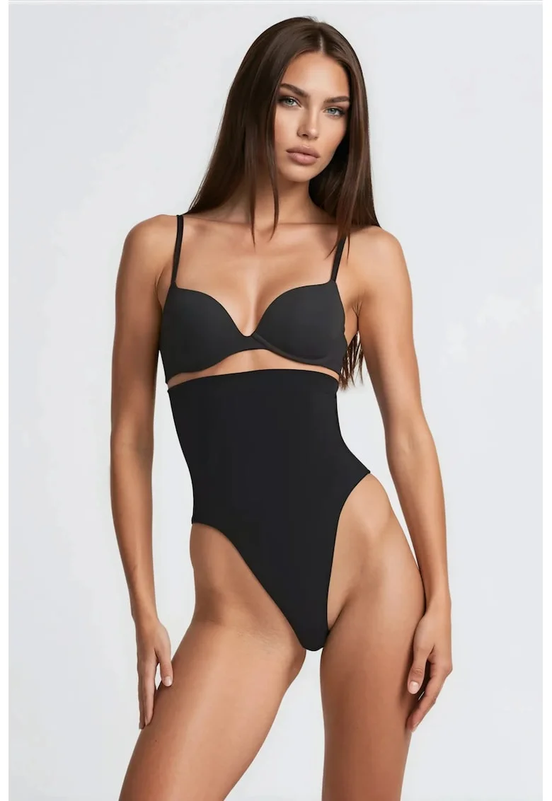 Lenjerie modelatoare,  chilot tanga, talie inalta, negru, 82% nailon, 18% elastan