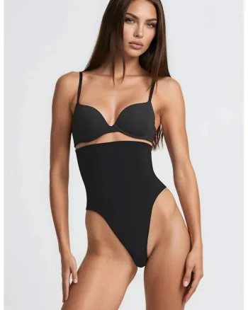 Lenjerie modelatoare,  chilot tanga, talie inalta, negru, 82% nailon, 18% elastan