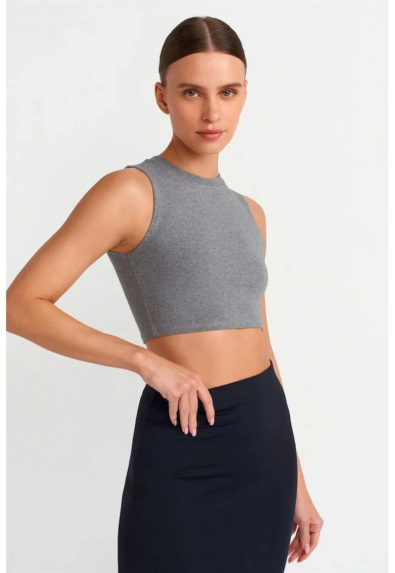 Top scurt,  casual, gri, bumbac cu elastan, fara inchidere