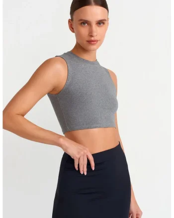 Top scurt,  casual, gri, bumbac cu elastan, fara inchidere
