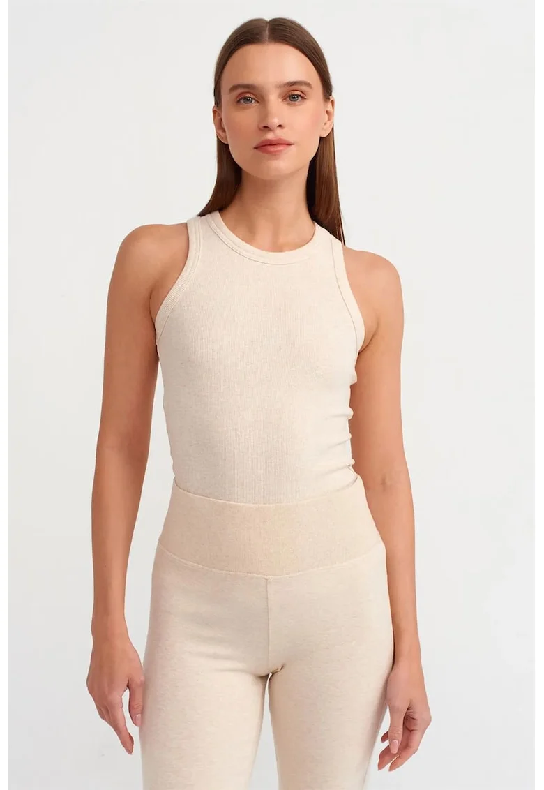 Bluza dama,  fara maneci, guler tip halter, crem, bumbac cu elastan