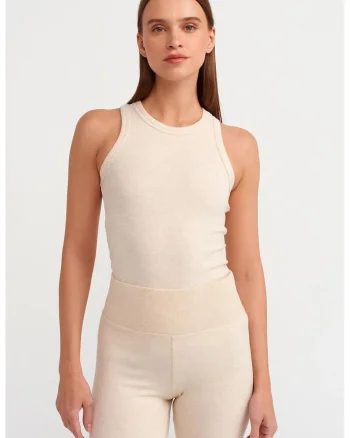 Bluza dama,  fara maneci, guler tip halter, crem, bumbac cu elastan