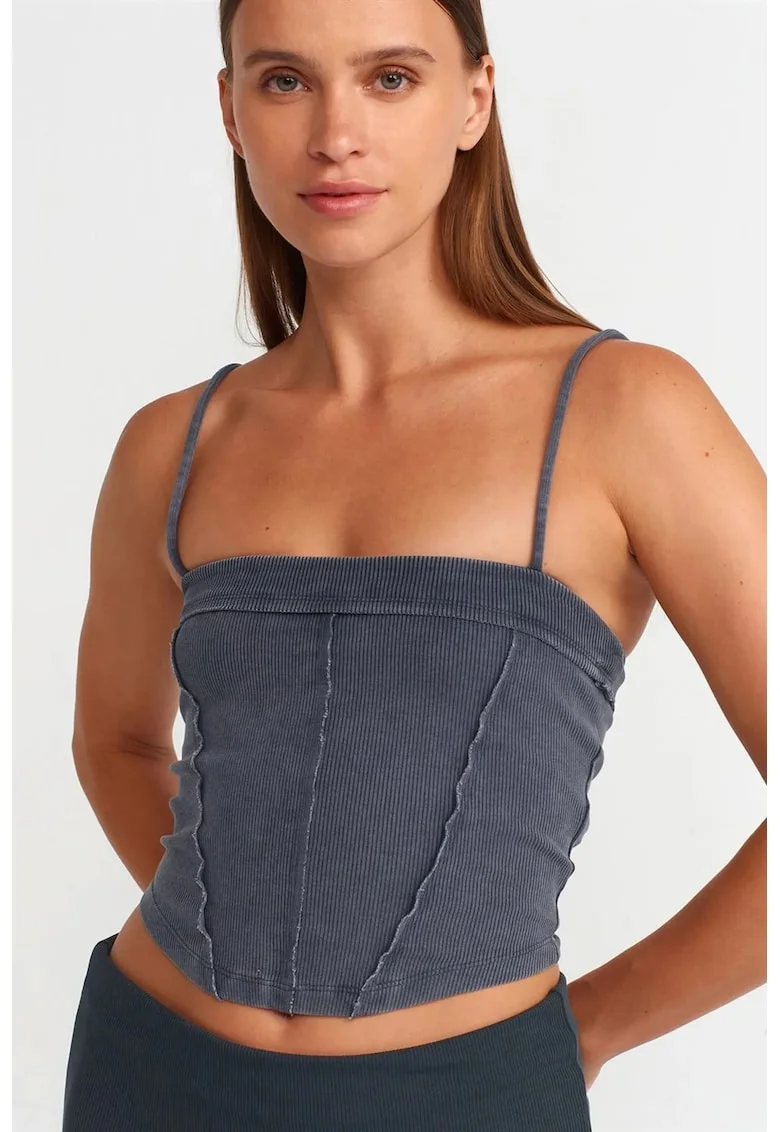 Bluza crop,  guler patrat, elasticitate moderata, gri antracit, bumbac cu elastan