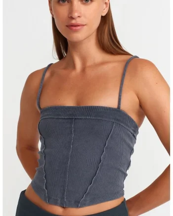 Bluza crop,  guler patrat, elasticitate moderata, gri antracit, bumbac cu elastan