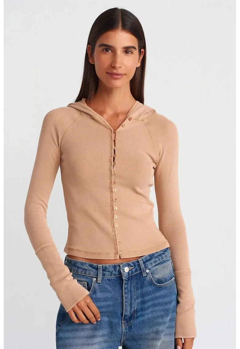 Bluza scurta,  maneci lungi, gluga, Natural, bumbac-elastan