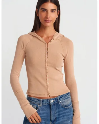 Bluza scurta,  maneci lungi, gluga, Natural, bumbac-elastan