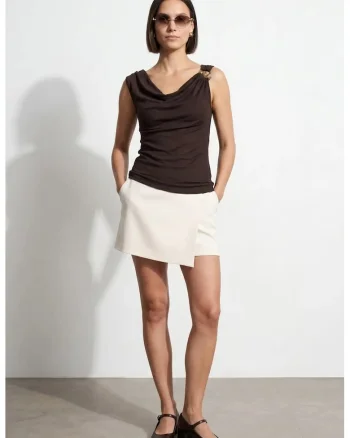 Top  fara maneci, casual, maro, Tencel cu elastan